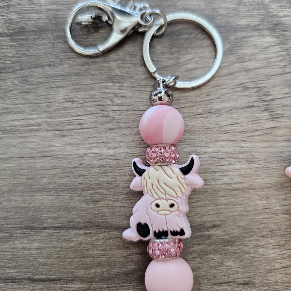 Pink Highland Cow Beaded Keychain Charm